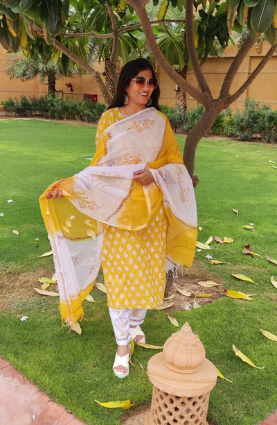 Yellow Flower Print Cotton Stitched Suit Set with Kurti, Pant & Dupatta