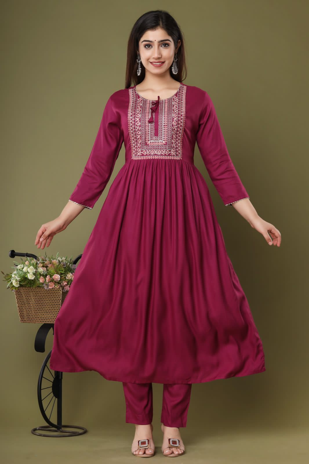 Maroon Embroidery Rayon Stitched Suit Set with Kurti, Pant & Dupatta