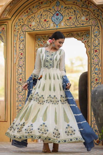 Blue Designer Leaf Print Cotton Stitched Gown With Silk Dupatta