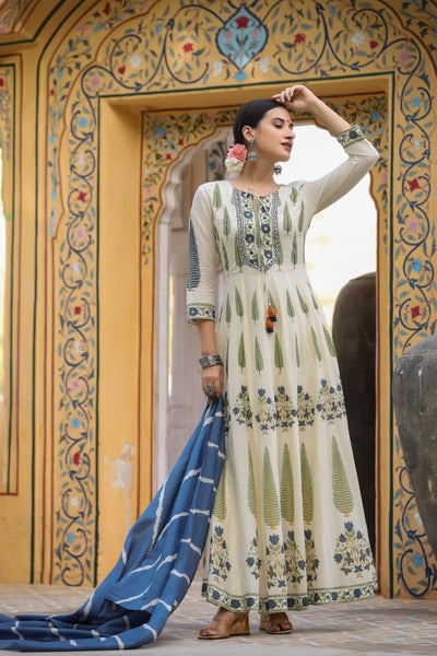 Blue Designer Leaf Print Cotton Stitched Gown With Silk Dupatta