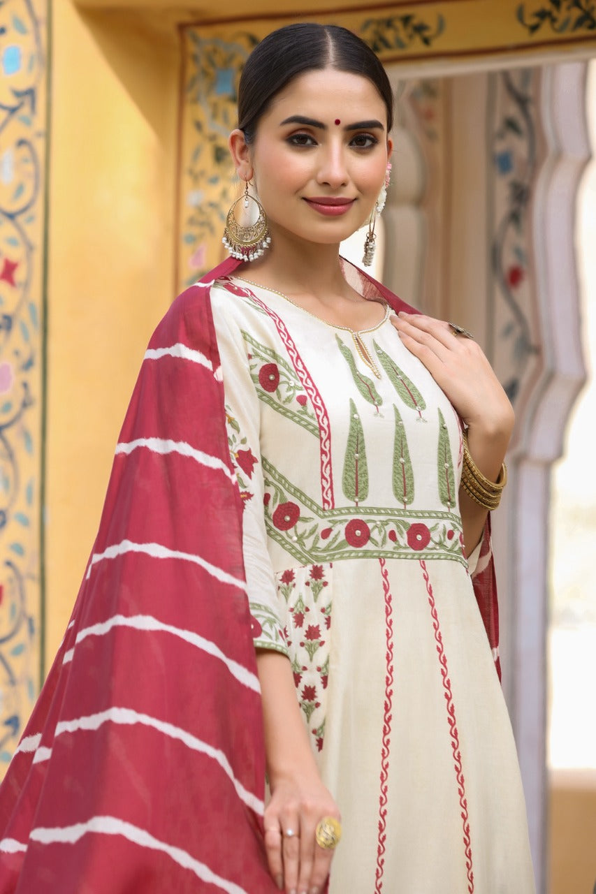 Red Designer Leaf Print Cotton Stitched Gown With Silk Dupatta