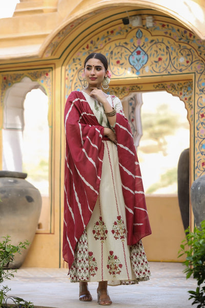 Red Designer Leaf Print Cotton Stitched Gown With Silk Dupatta