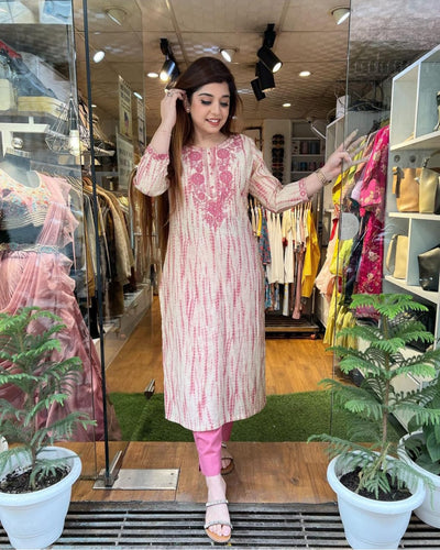 Pink Embroidery Work Rayon Stitched Suit Set with Kurti & Pant