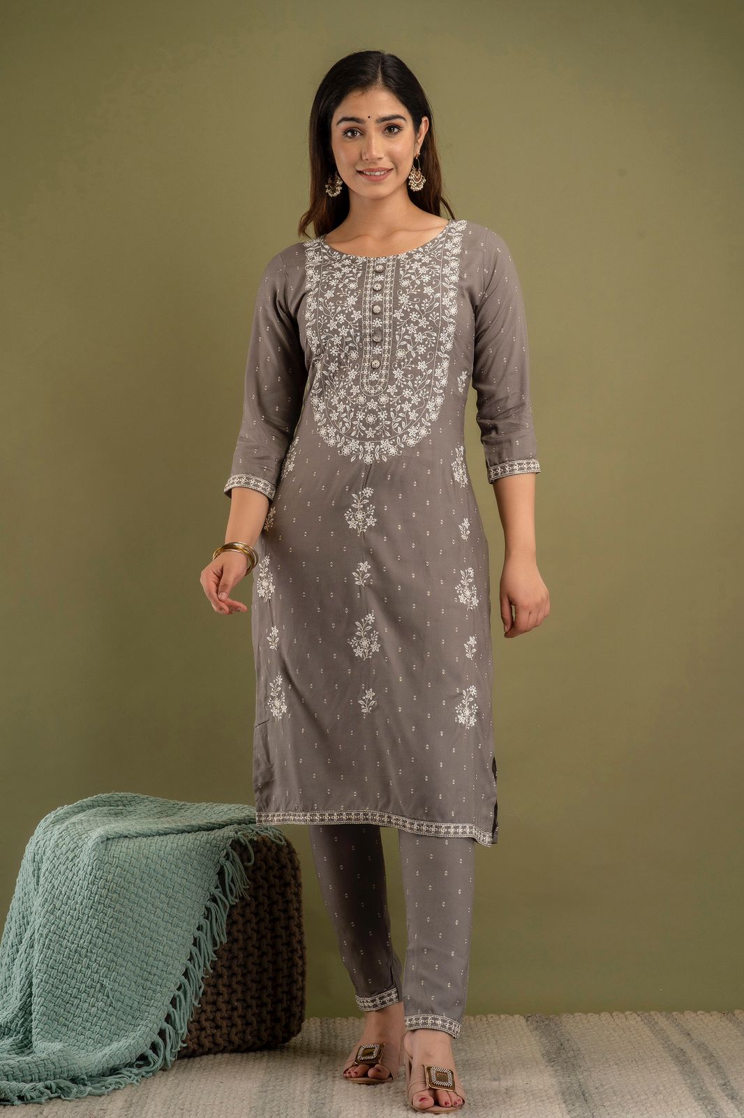 Dark Gray Designer Rayon Stitched Suit Set with Kurti, Pant & Dupatta