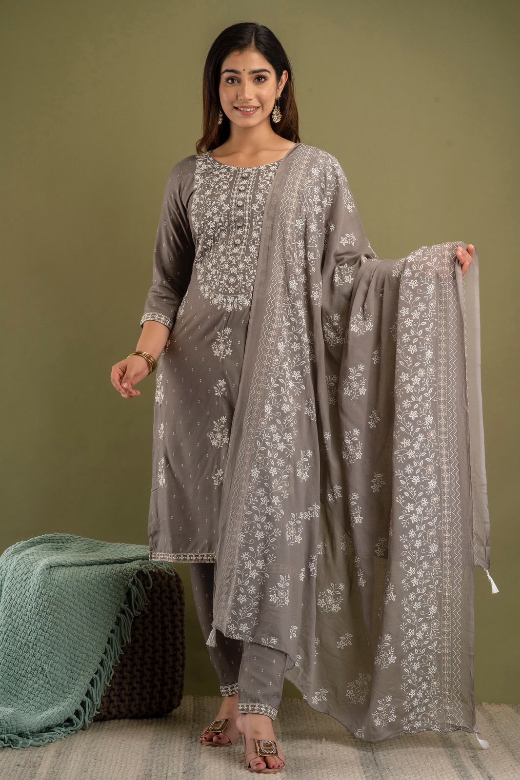 Dark Gray Designer Rayon Stitched Suit Set with Kurti, Pant & Dupatta