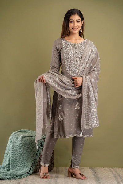 Dark Gray Designer Rayon Stitched Suit Set with Kurti, Pant & Dupatta