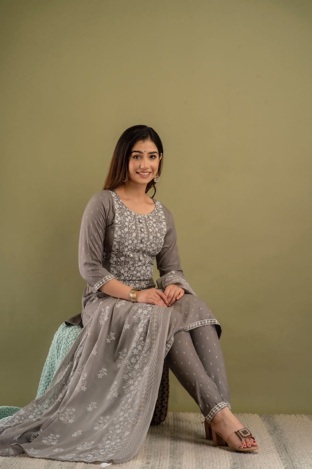 Dark Gray Designer Rayon Stitched Suit Set with Kurti, Pant & Dupatta