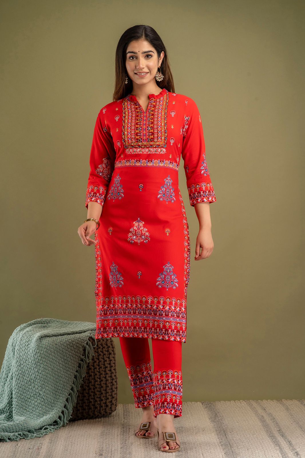 Red Handwork Rayon Stitched Suit Set with Kurti, Pant & Dupatta