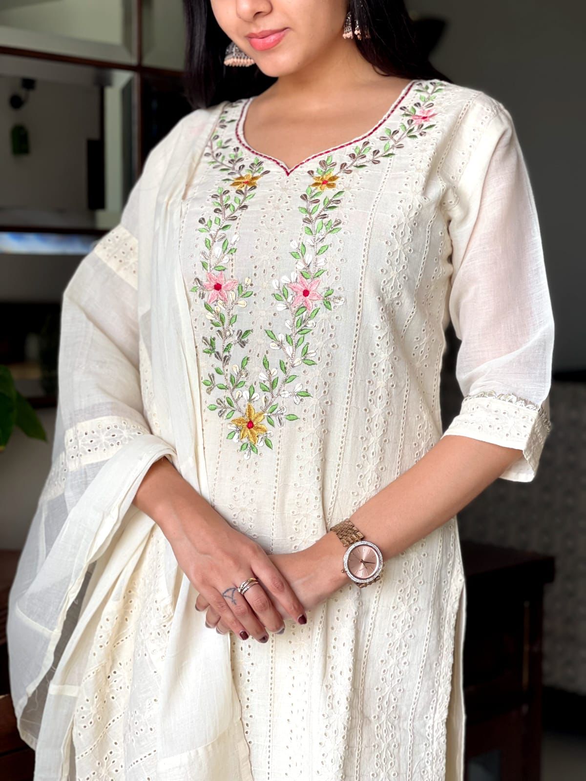 White Flower Embroidery Work Cotton Stitched Suit set with Kurti, Pant & Dupatta