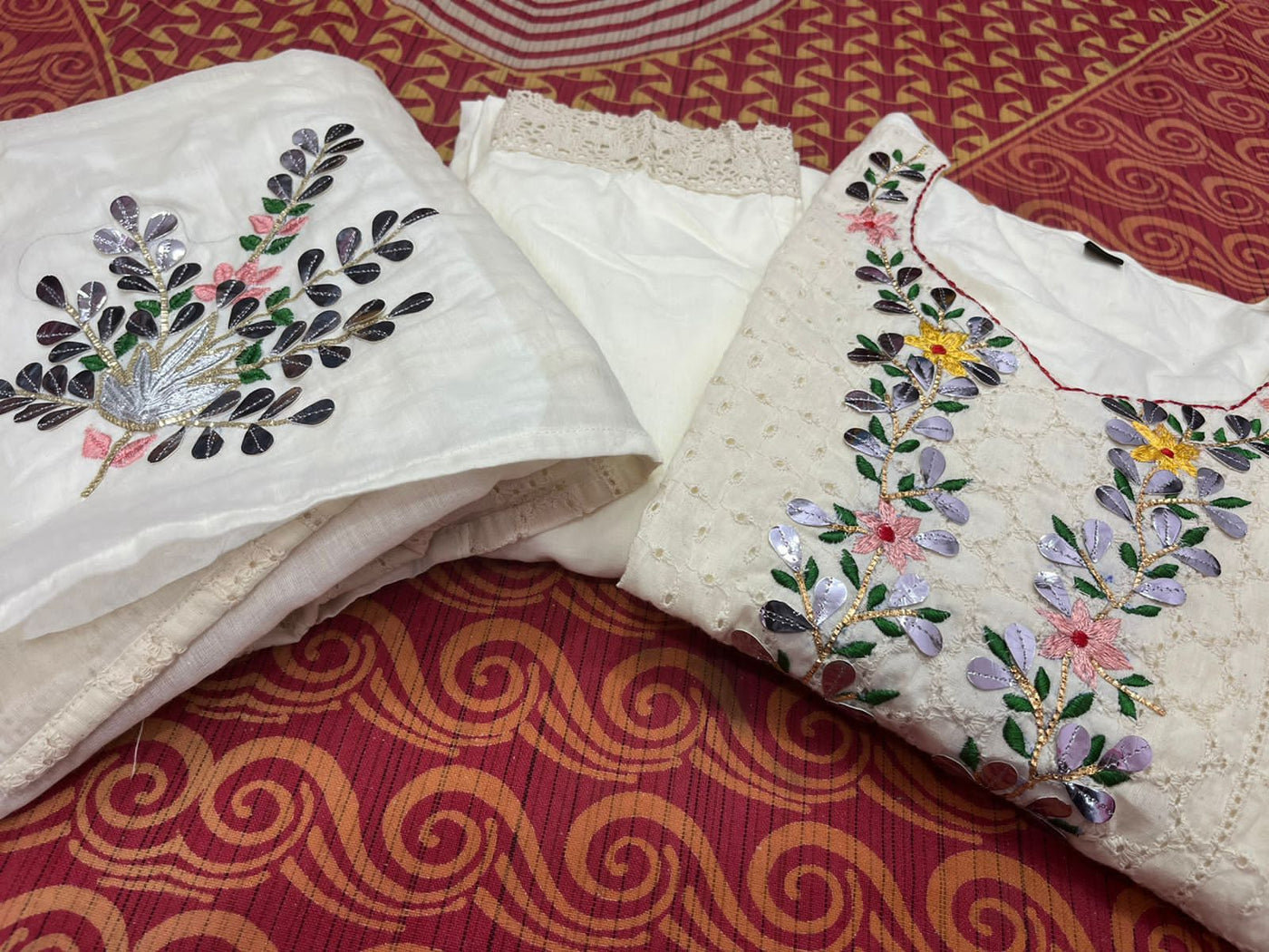 White Flower Embroidery Work Cotton Stitched Suit set with Kurti, Pant & Dupatta
