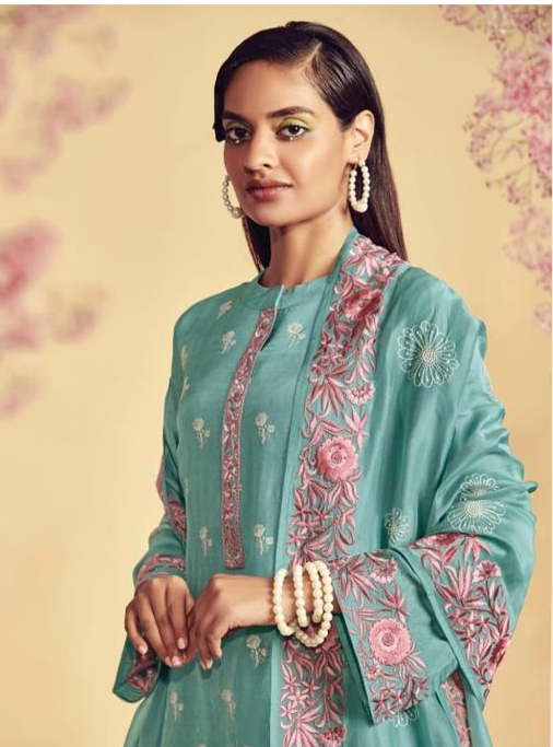 Sea Green Silk Embroidery Unstitched Suit Set with Dupatta