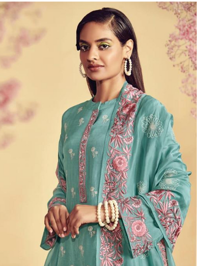 Sea Green Silk Embroidery Unstitched Suit Set with Dupatta
