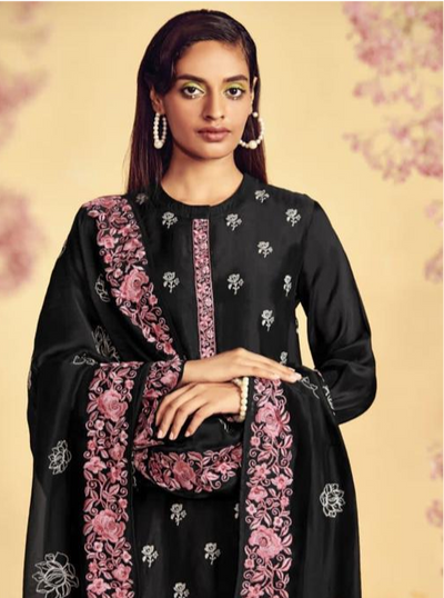 Black Silk Embroidery Unstitched Suit Set with Dupatta
