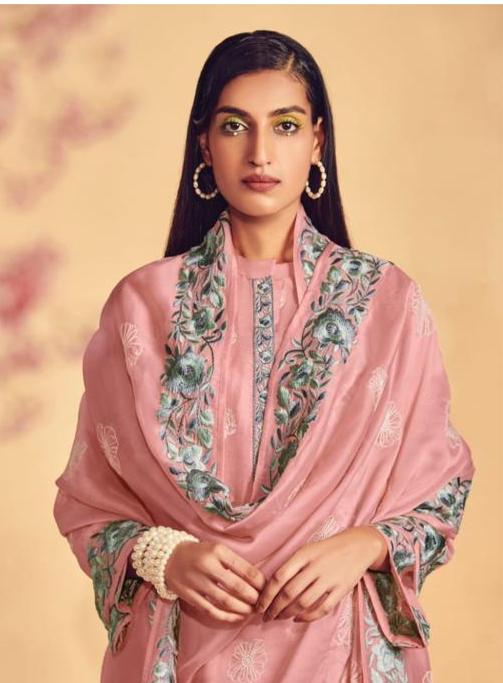 Peach Silk Embroidery Unstitched Suit Set with Dupatta