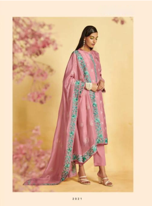Pink Silk Embroidery Unstitched Suit Set with Dupatta