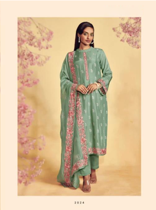 Pink Flower Print Silk Embroidery Unstitched Suit Set with Dupatta