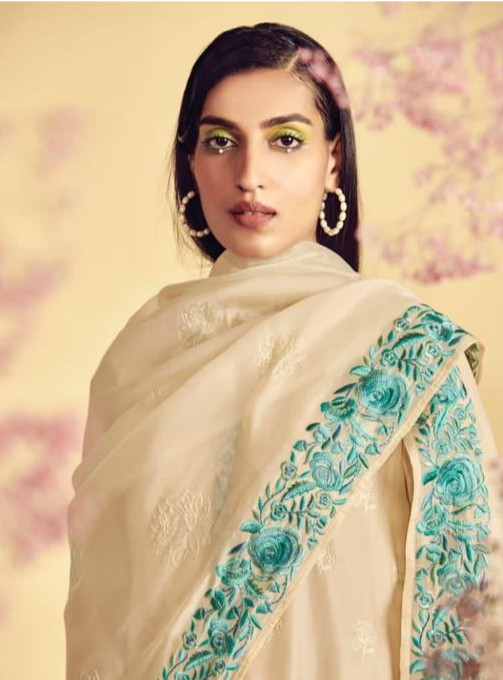 Off White Silk Embroidery Unstitched Suit Set with Dupatta