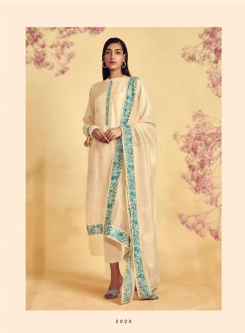Off White Silk Embroidery Unstitched Suit Set with Dupatta