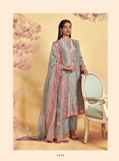 Gray Silk Embroidery Unstitched Suit Set with Dupatta