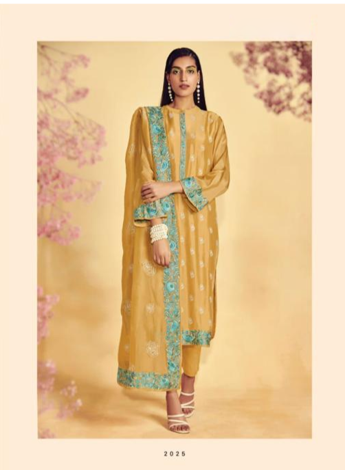Mustard Silk Embroidery Unstitched Suit Set with Dupatta