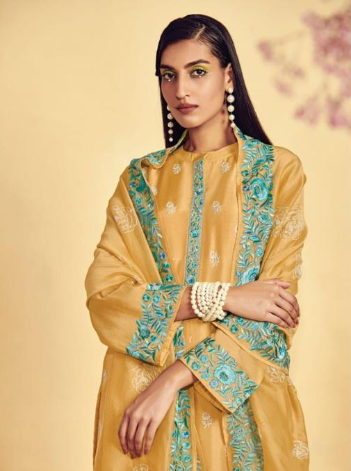 Mustard Silk Embroidery Unstitched Suit Set with Dupatta