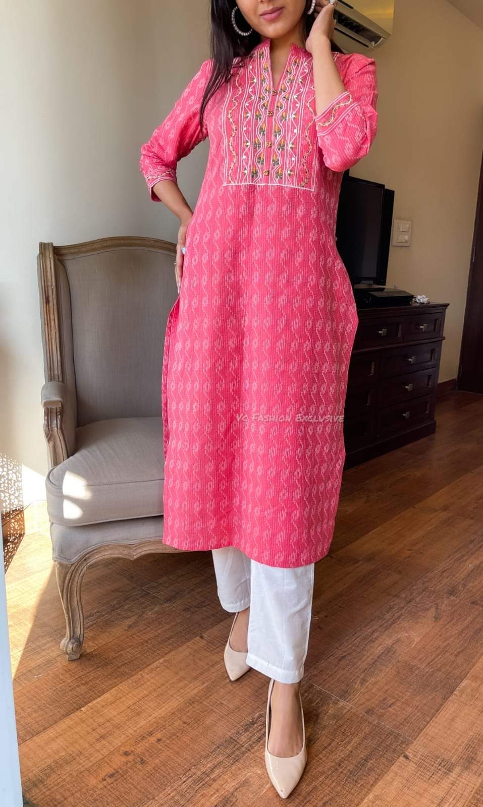 Pink Embroidery Work Cotton Stitched Suit set with Kurti & Pant