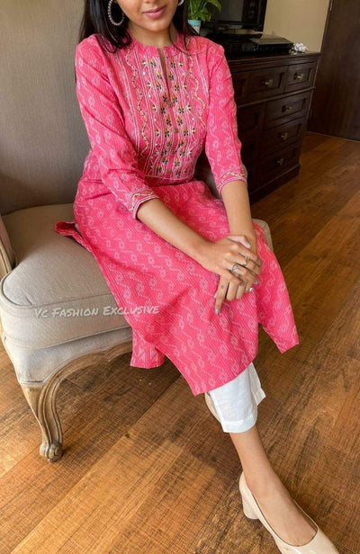 Pink Embroidery Work Cotton Stitched Suit set with Kurti & Pant