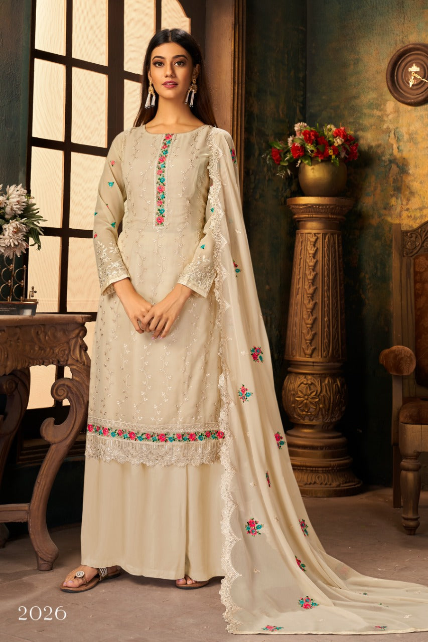 Off White Georgette Embroidery Unstitched Suit Set with Dupatta