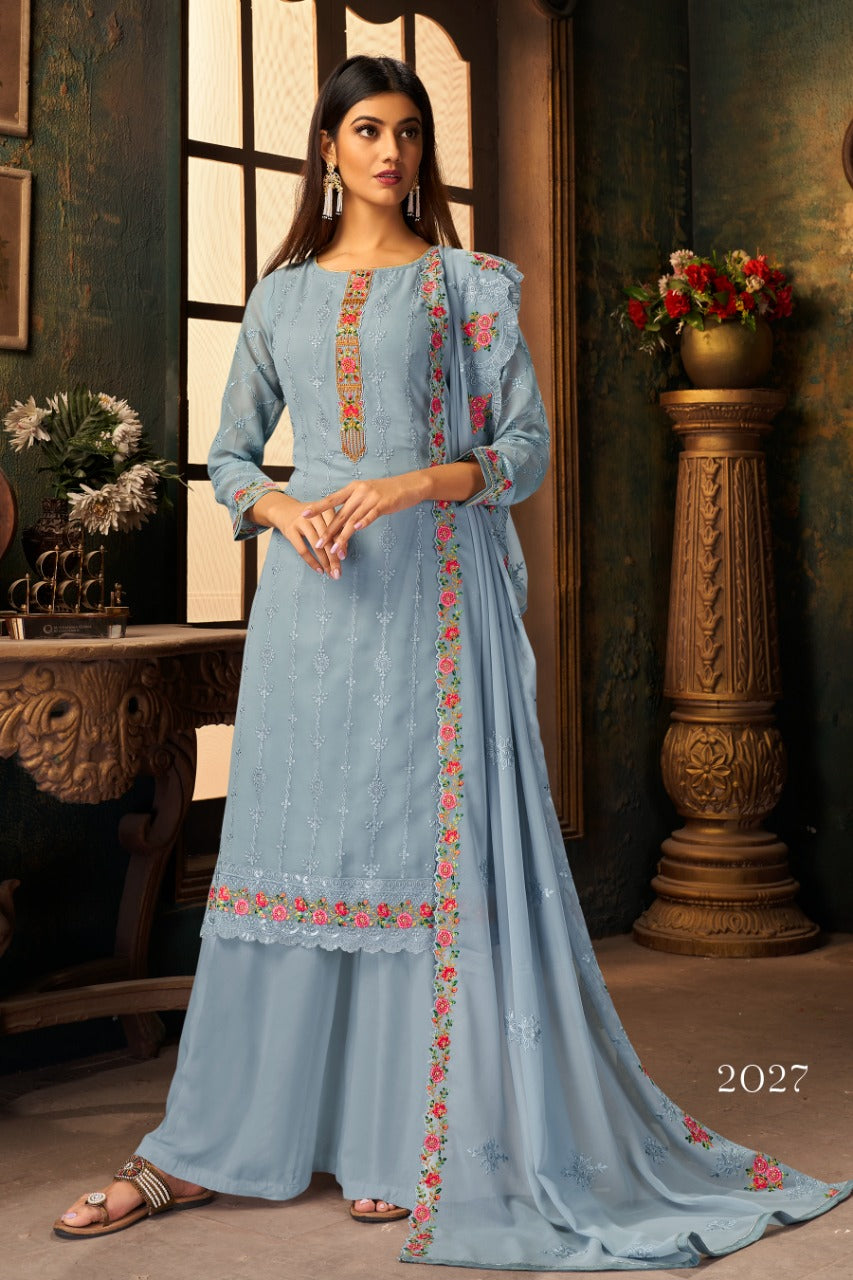 Blue Georgette Embroidery Unstitched Suit Set with Dupatta