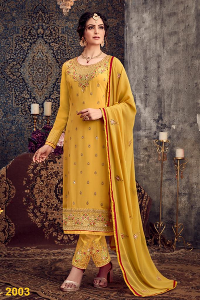 Yellow Georgette Embroidery Unstitched Suit Set with Dupatta