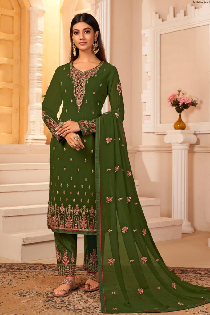 Green Georgette Embroidery Unstitched Suit Set with Dupatta