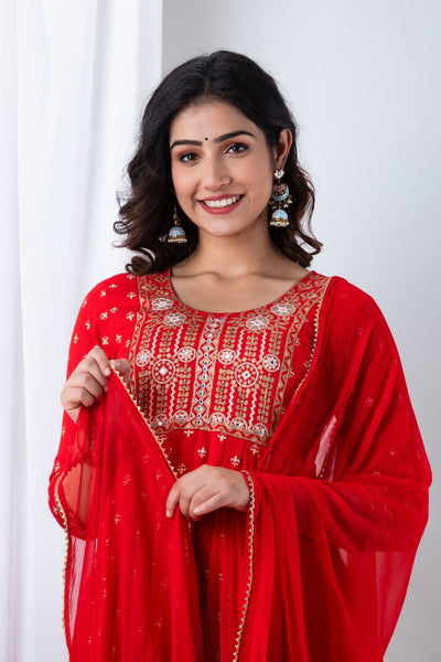 Red Handwork Rayon Stitched Suit set with Kurti, Pant & Dupatta