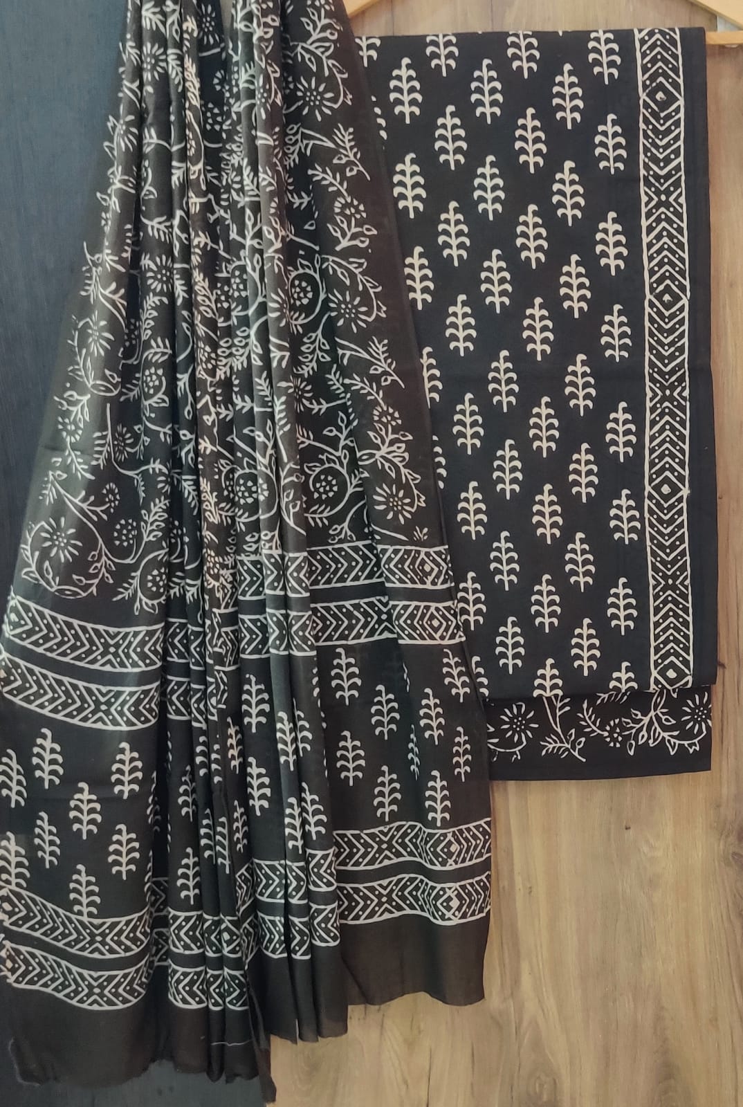 Dark Gray Flower Print Cotton Unstitched Suit Set with Cotton Dupatta