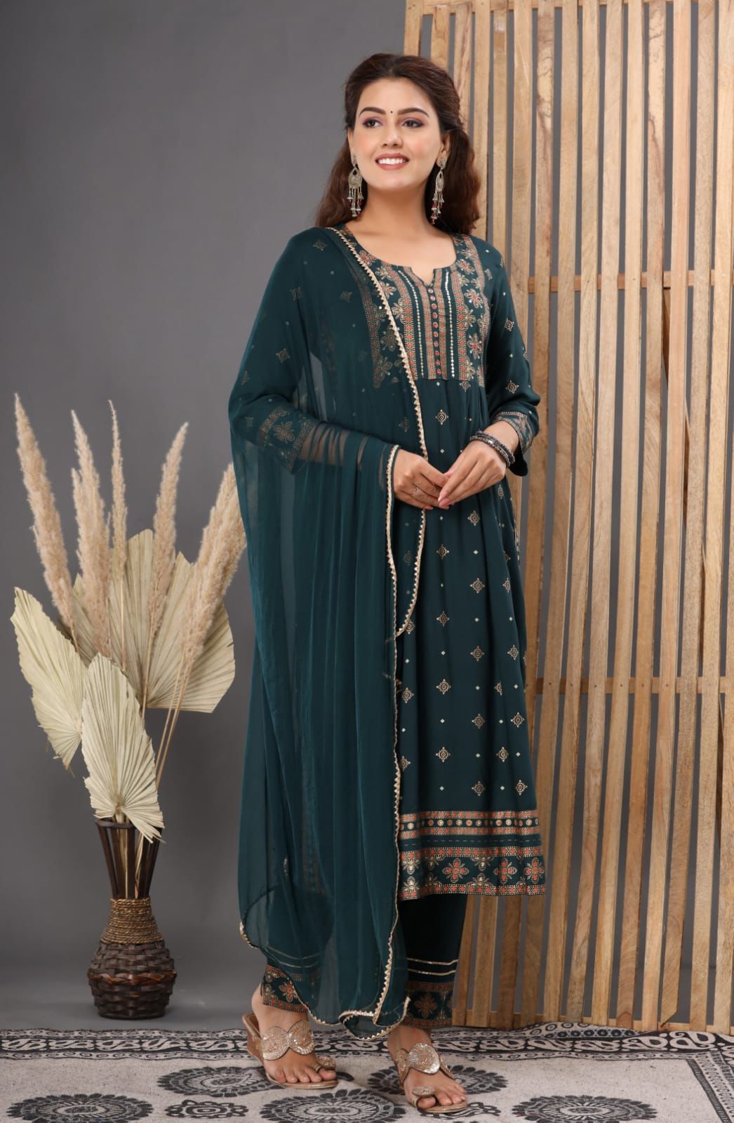 Green Heavy Work Rayon Stitched Suit set with Kurti, Pant & Dupatta