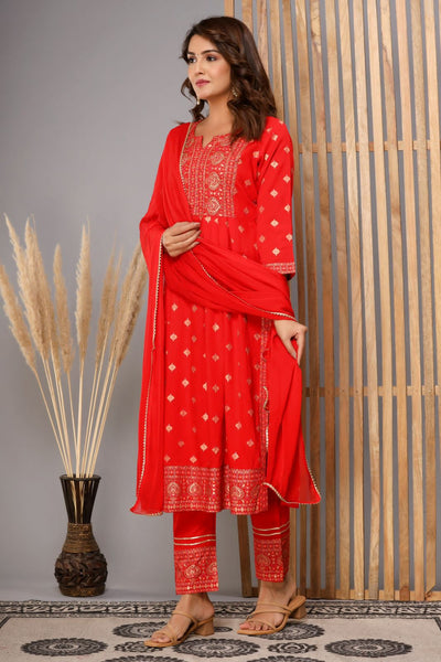 Red Designer Rayon Stitched Suit set with Kurti, Pant & Dupatta