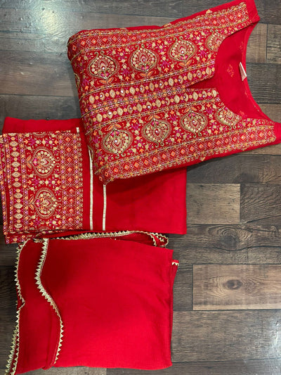 Red Designer Rayon Stitched Suit set with Kurti, Pant & Dupatta