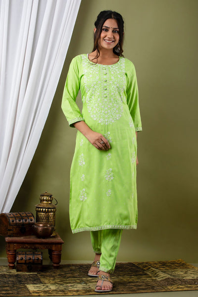 Green Designer Rayon Stitched Suit set with Kurti, Pant & Dupatta