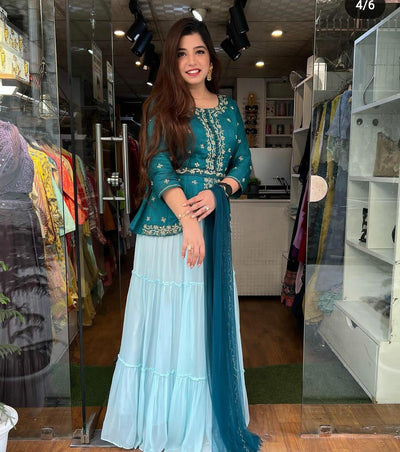 Blue Embroidery Georgette Stitched suit set with Blouse, Lehenga & Belt