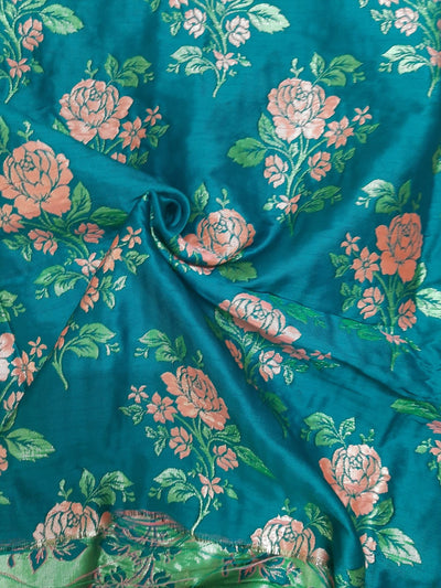 Green Flower Print Banarsi Silk Fabric