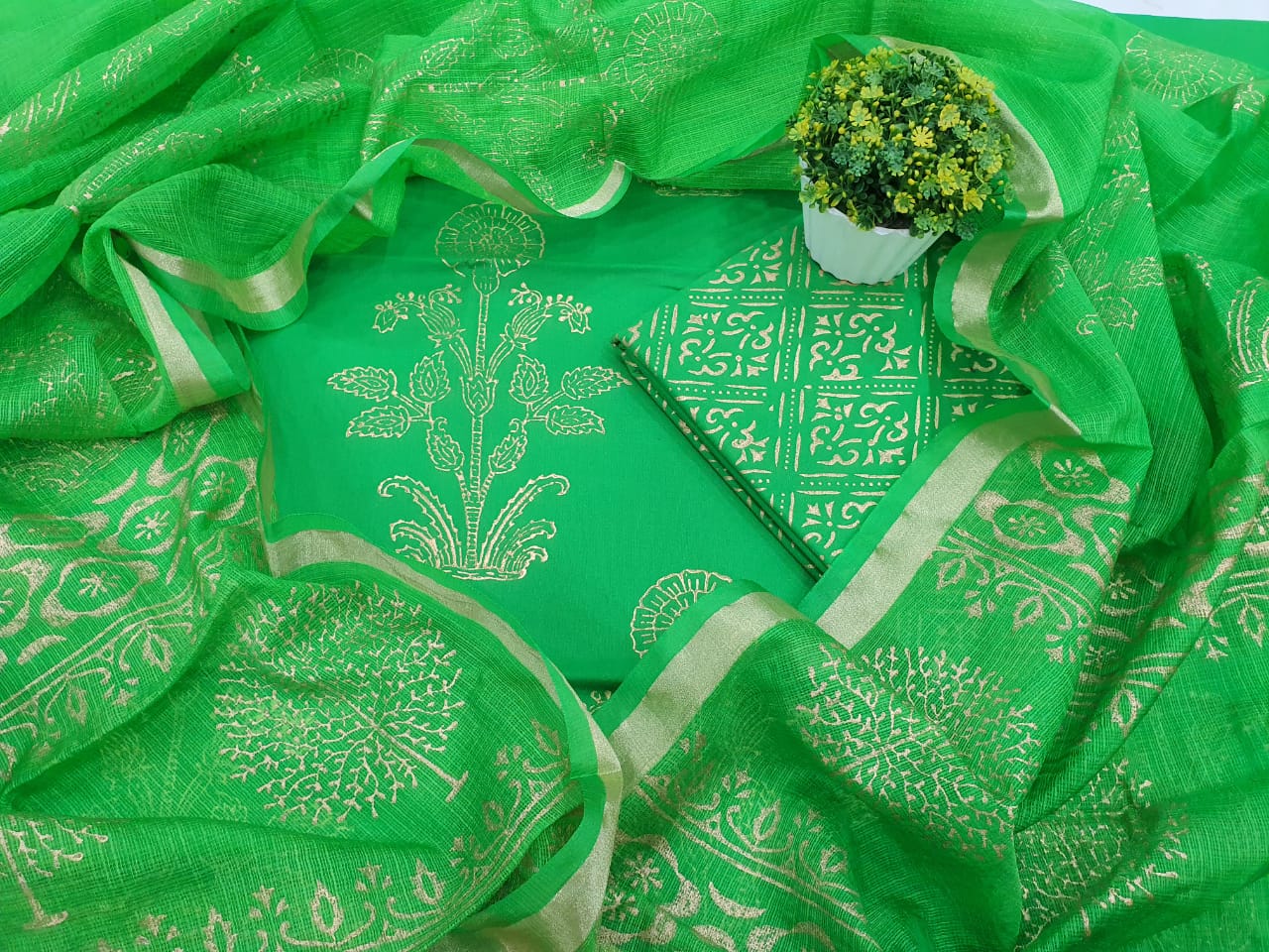 Green Flower Print Cotton Unstitched Suit Set with Silk Dupatta