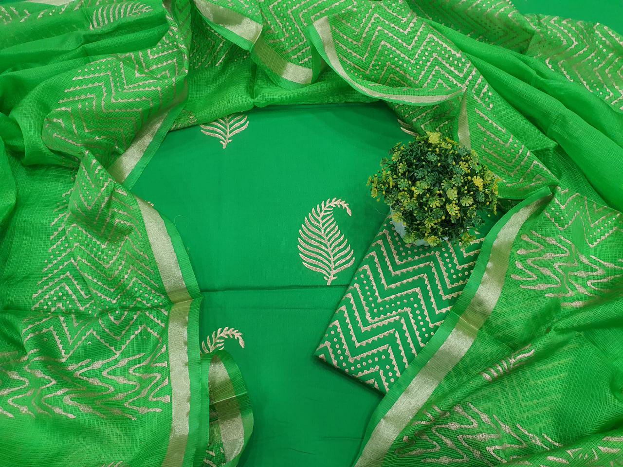 Green Leaf Print Cotton Unstitched  Suit Set with Silk Dupatta