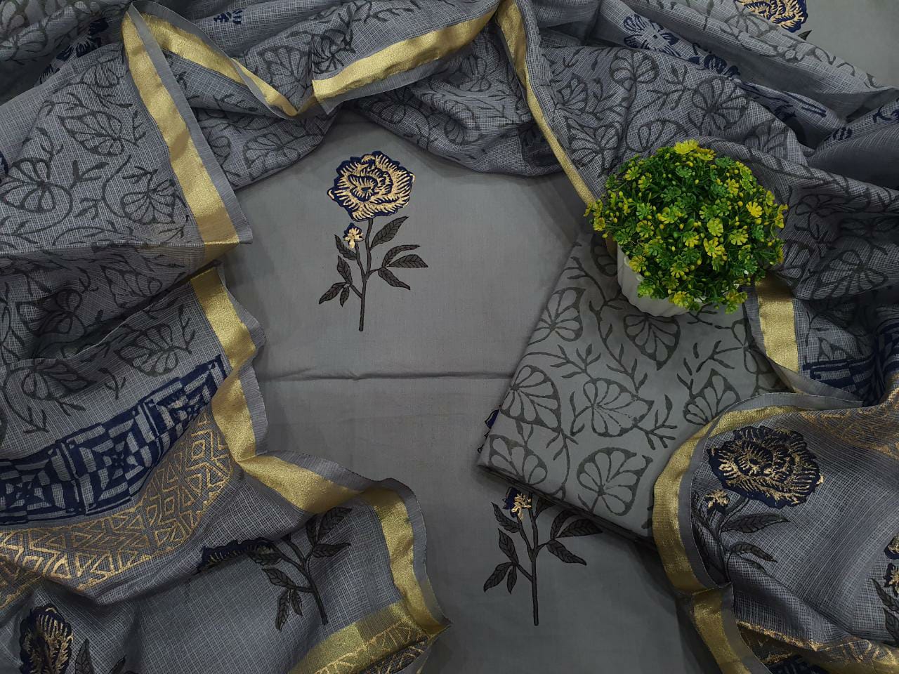 Violet Flower Print Cotton Unstitched Suit Set with Silk Dupatta