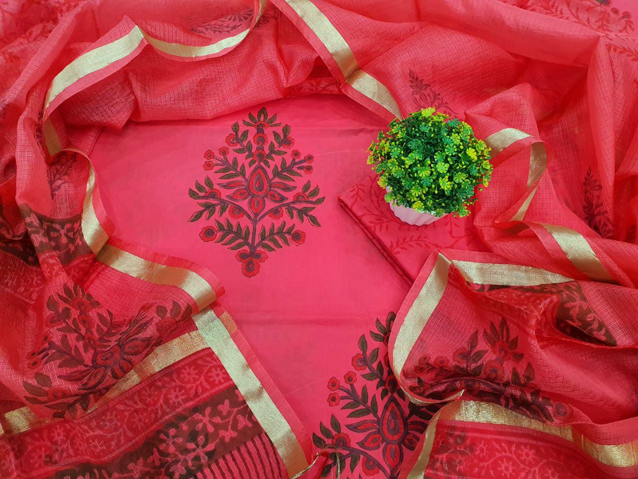 Red Leaf Print Cotton Unstitched Suit Set with Silk Dupatta