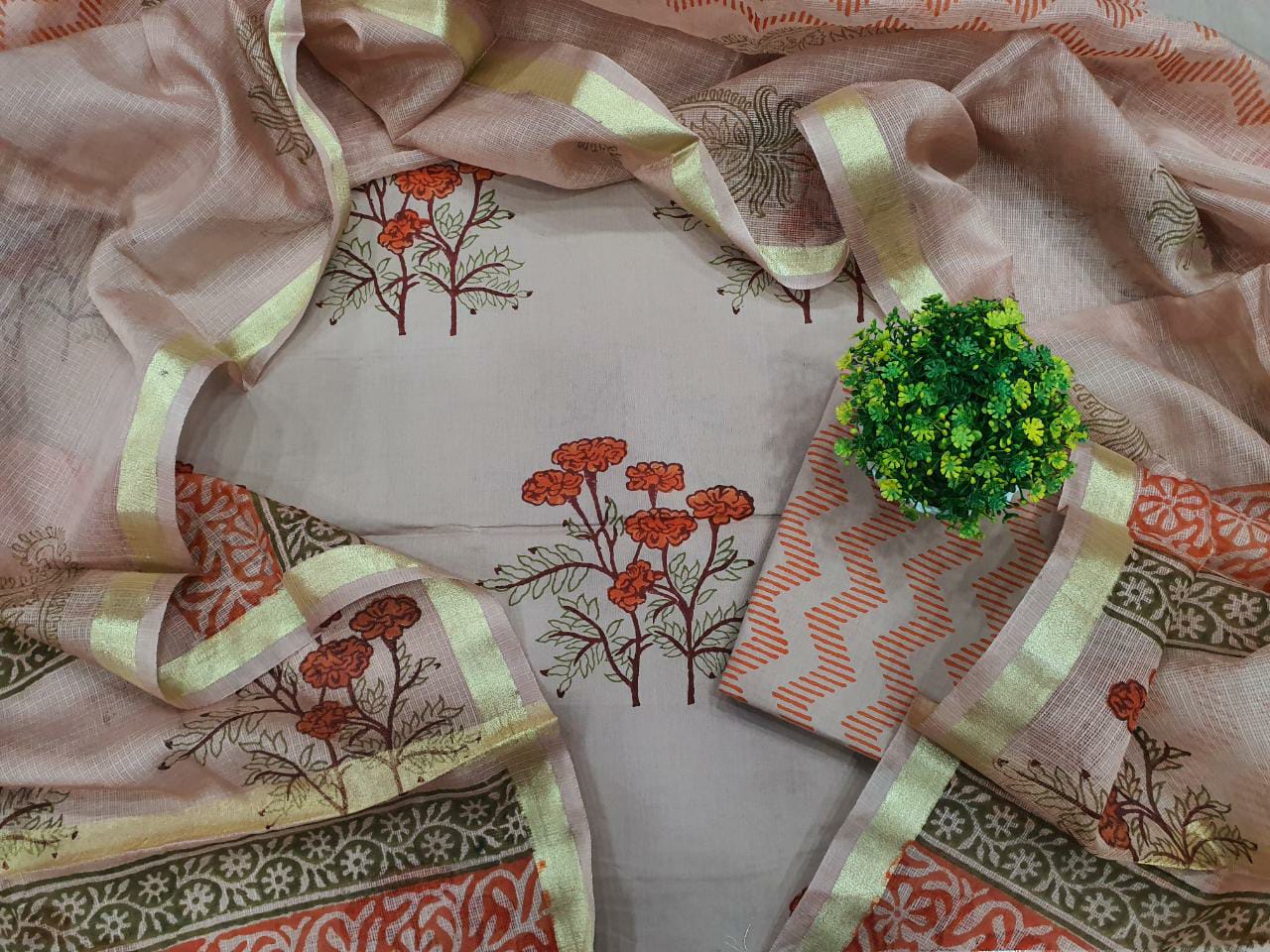 Brown Flower Print Cotton Unstitched Suit Set with Silk Dupatta