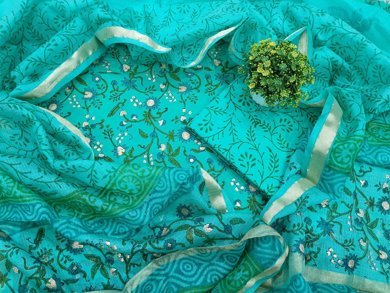 Blue Leaf Print Cotton Unstitched Suit Set with Silk Dupatta