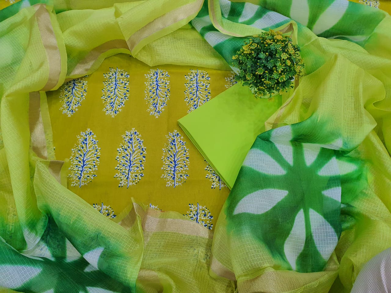 Yellow Leaf Print Cotton Unstitched Suit Set with Silk Dupatta