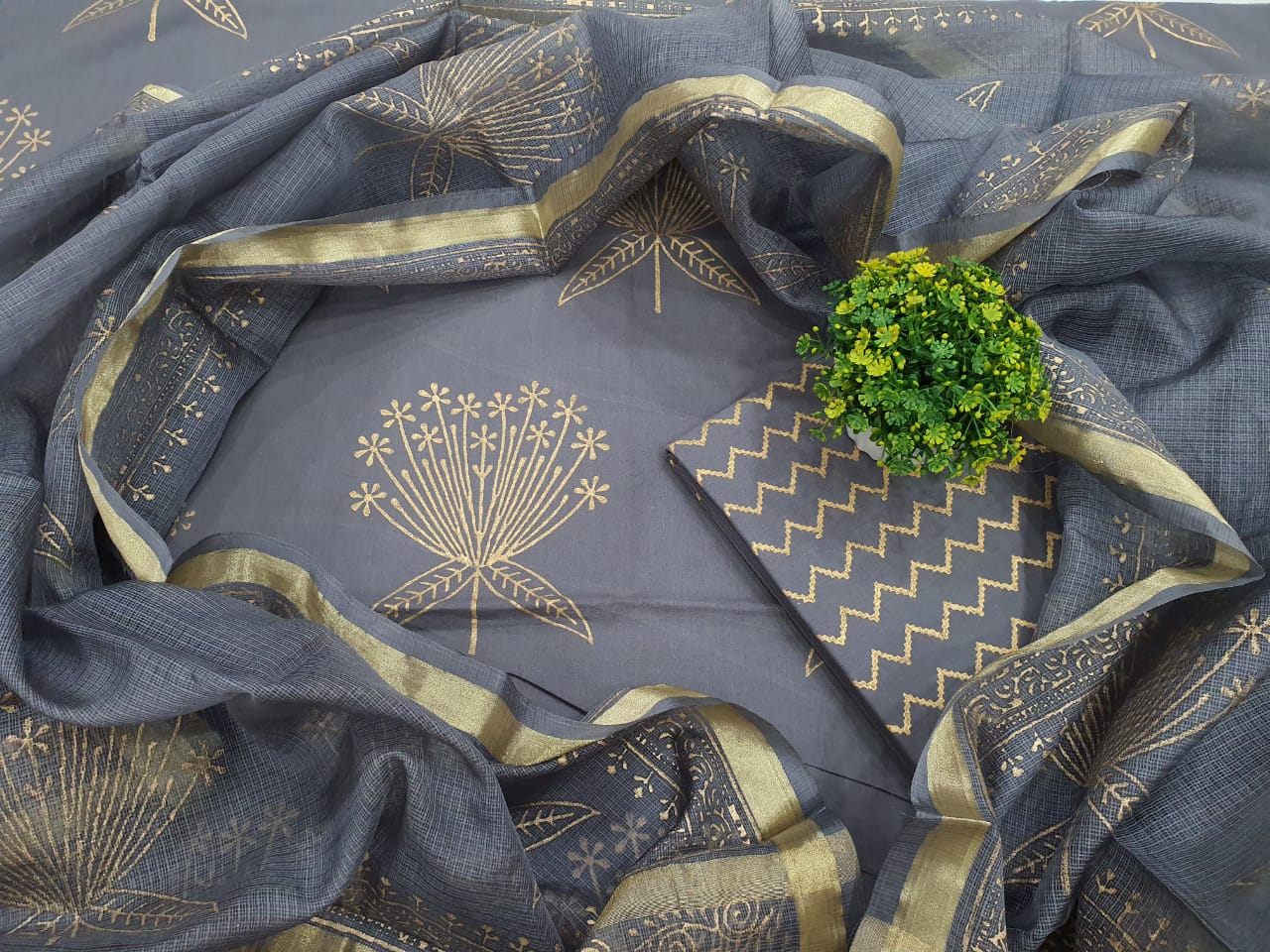 Grey Leaf Print Cotton Unstitched Suit Set with Silk Dupatta