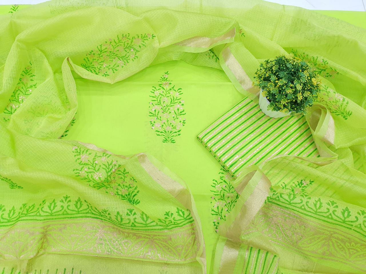 Green Leaf Print Cotton Unstitched Suit Set with Silk Dupatta