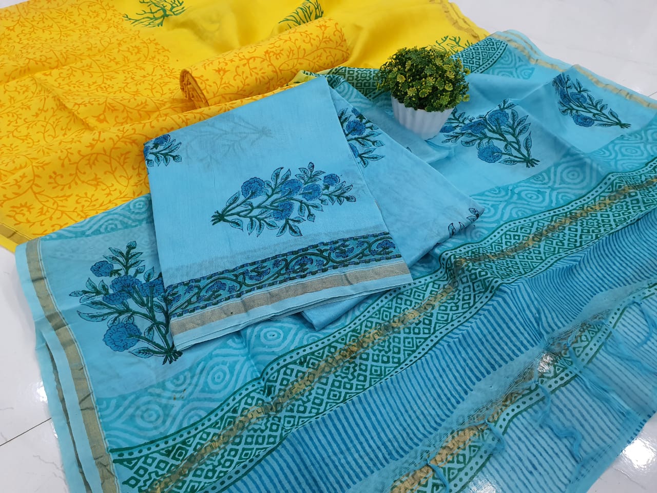 Blue Flower Print Chanderi Silk Unstitched Suit Set with Chanderi Silk Dupatta