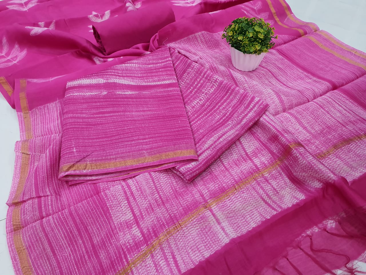 PinkLeaf Print Chanderi Silk Unstitched Suit Set with Chanderi Silk Dupatta